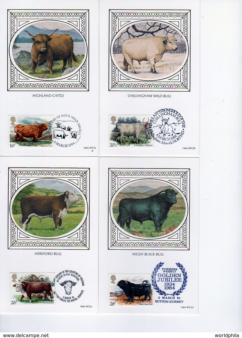 Uk 1984 Benham Silk Cattle, Bull, Cow Set Of 5 FD Maximum Cards / Postcards - Farm