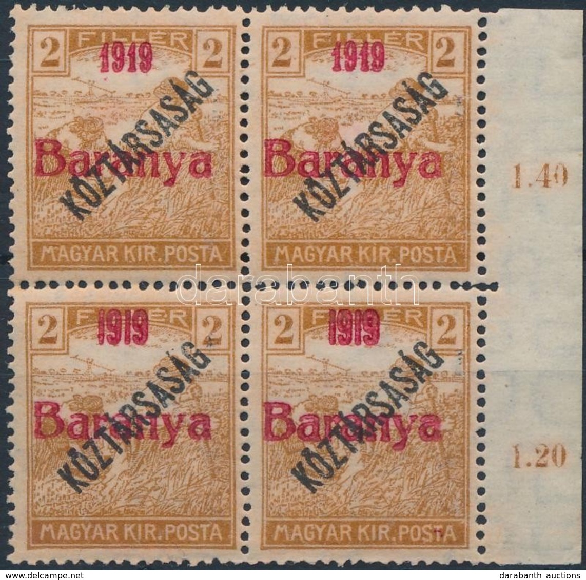 ** Baranya I. 1919 Arató/Köztársaság 2f Próbanyomat Piros Felülnyomással ívszéli Négyestömbben, 2 érték Antikva Számokka - Other & Unclassified