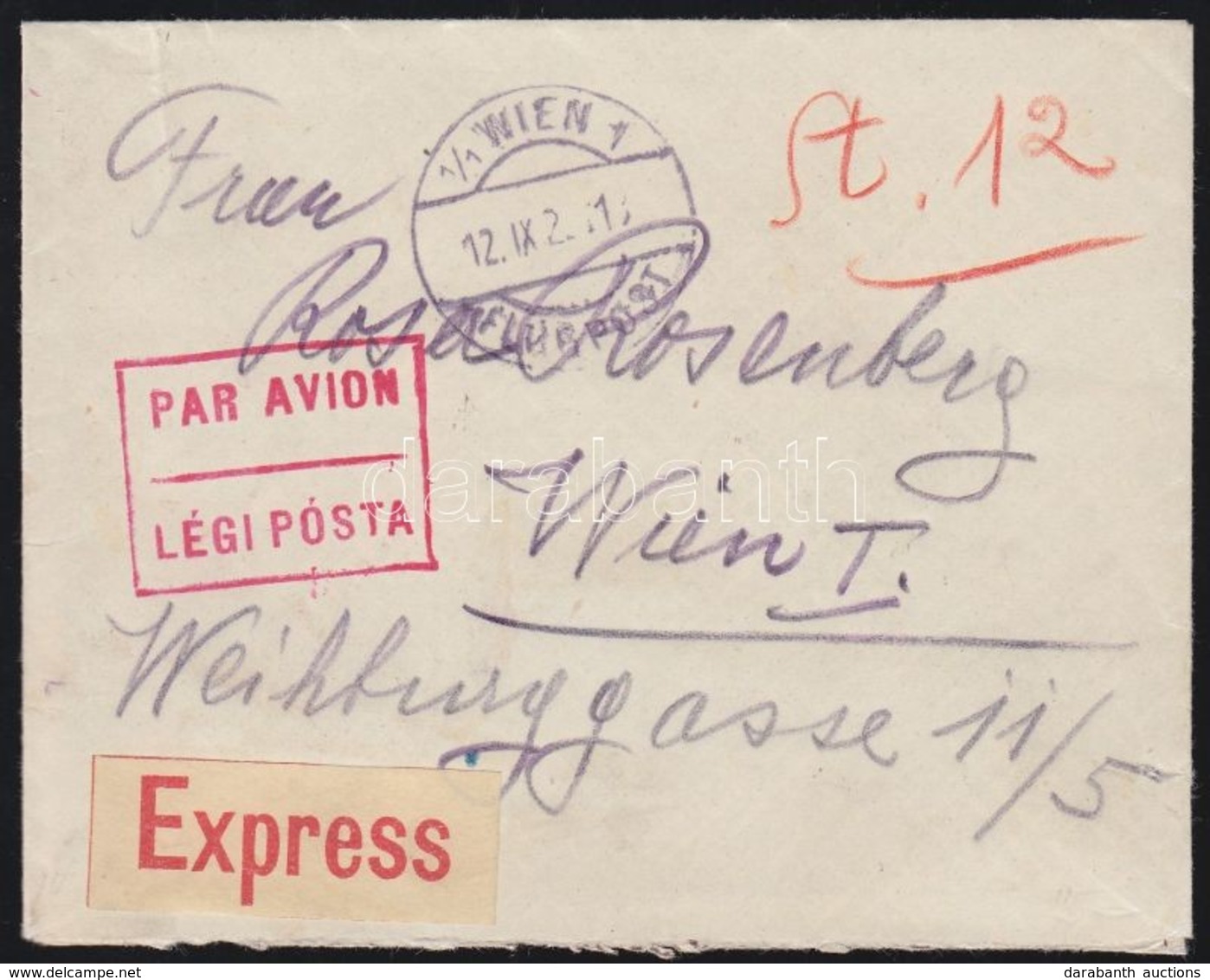 1922 Expressz Légi Levél Bécsbe 48K Arató + Parlament Bérmentesítéssel / Express Airmail Cover To Vienna - Autres & Non Classés