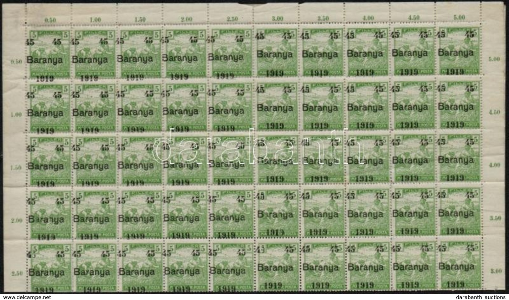 ** Baranya 1919 Arató 45f/5f Középen Hajtott 100-as ív, Bodor Vizsgálójellel (30.000) (fogelválások, Ráncok) - Andere & Zonder Classificatie