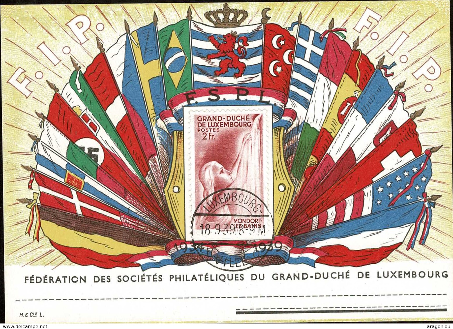 1939 Carte FSPL Drapeaux Avec Vue Mondorf Les Bains Au Verso, Prifix: C5a, 2Scans - Enteros Postales