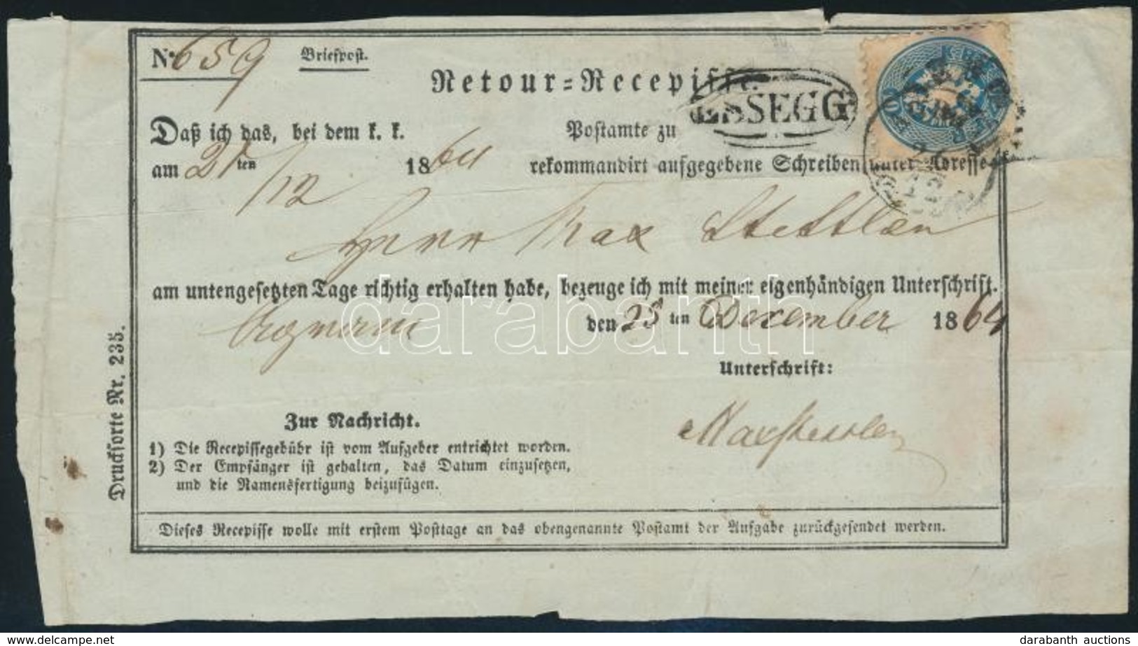 1864 Retour Recepisse 10kr Bélyeggel 'ESSEG' - Agram (kis Sérülés - Damaged) - Andere & Zonder Classificatie