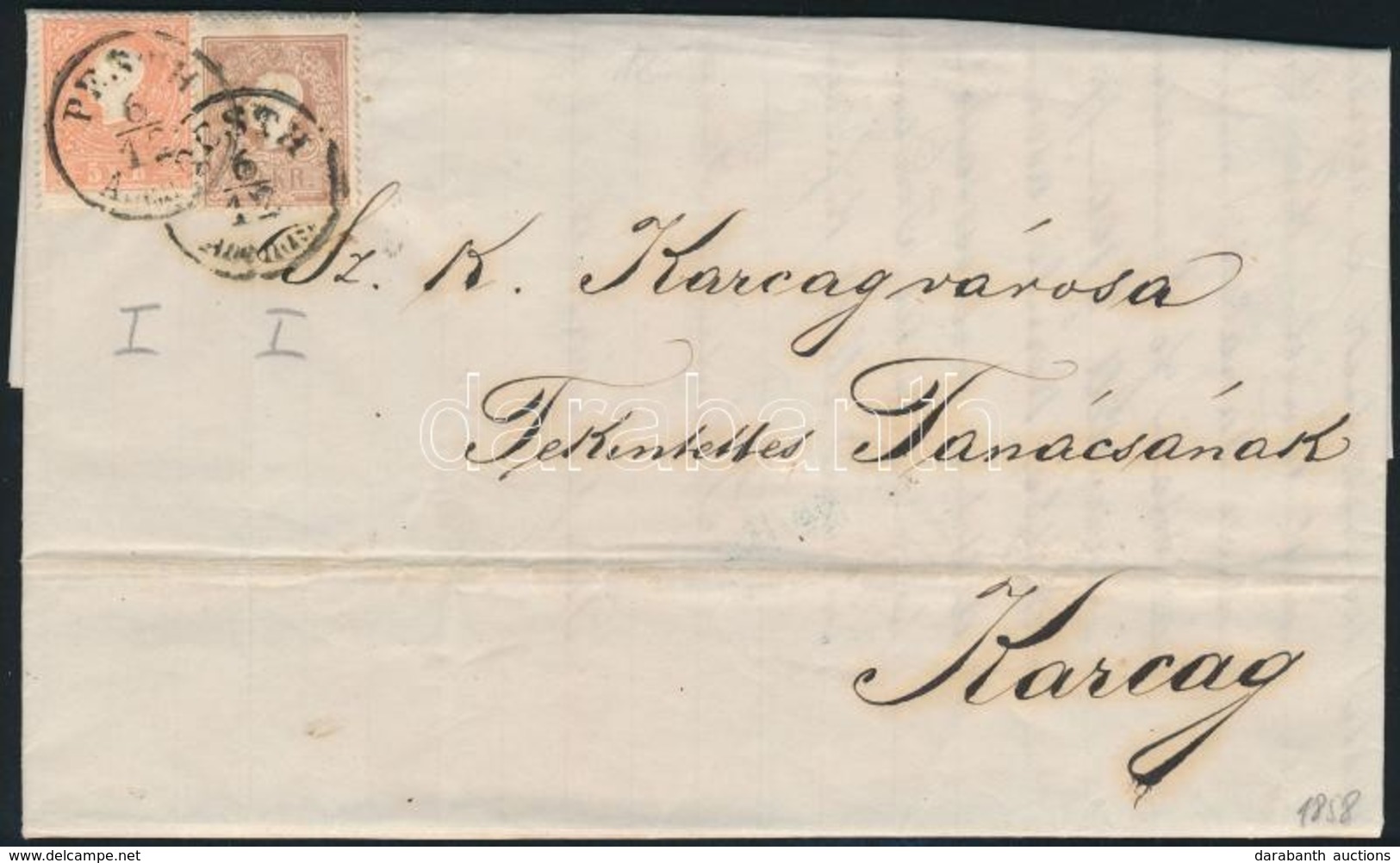 1858 5kr + 10kr Mindkettő I Típus Levélen 'PESTH Abends' - Karcag - Sonstige & Ohne Zuordnung