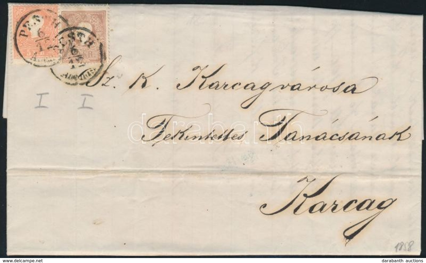 1858 5kr + 10kr Mindkettő I Típus Levélen 'PESTH Abends' - Karcag - Autres & Non Classés