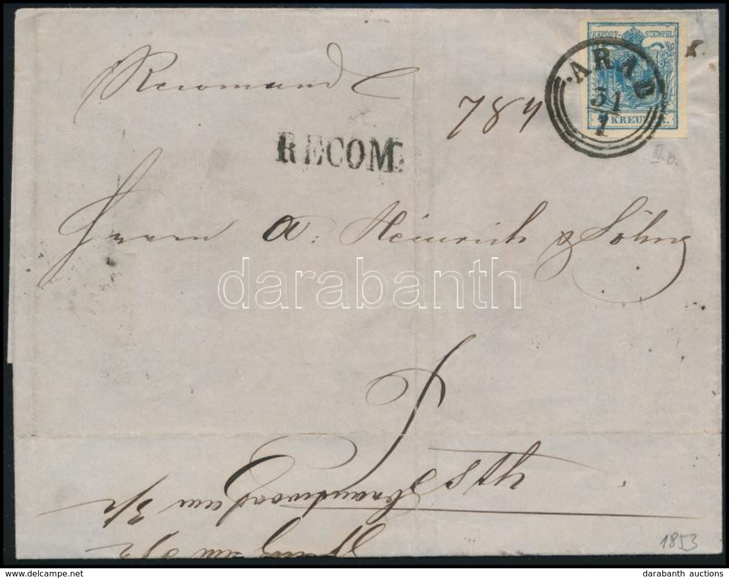 1853 9kr HP III Ajánlott Levélen, A Hátoldali 6kr Felét Letépték 'ARAD' - Andere & Zonder Classificatie