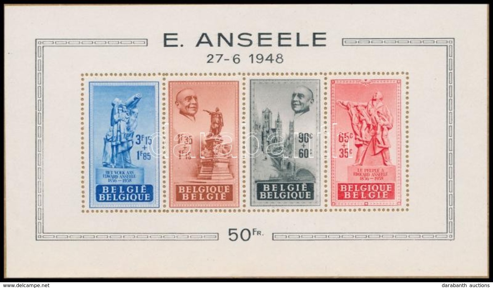 (*) Belgium 1948 Emlékmű  Blokk 20 Kartonlapra Ragasztva - Autres & Non Classés