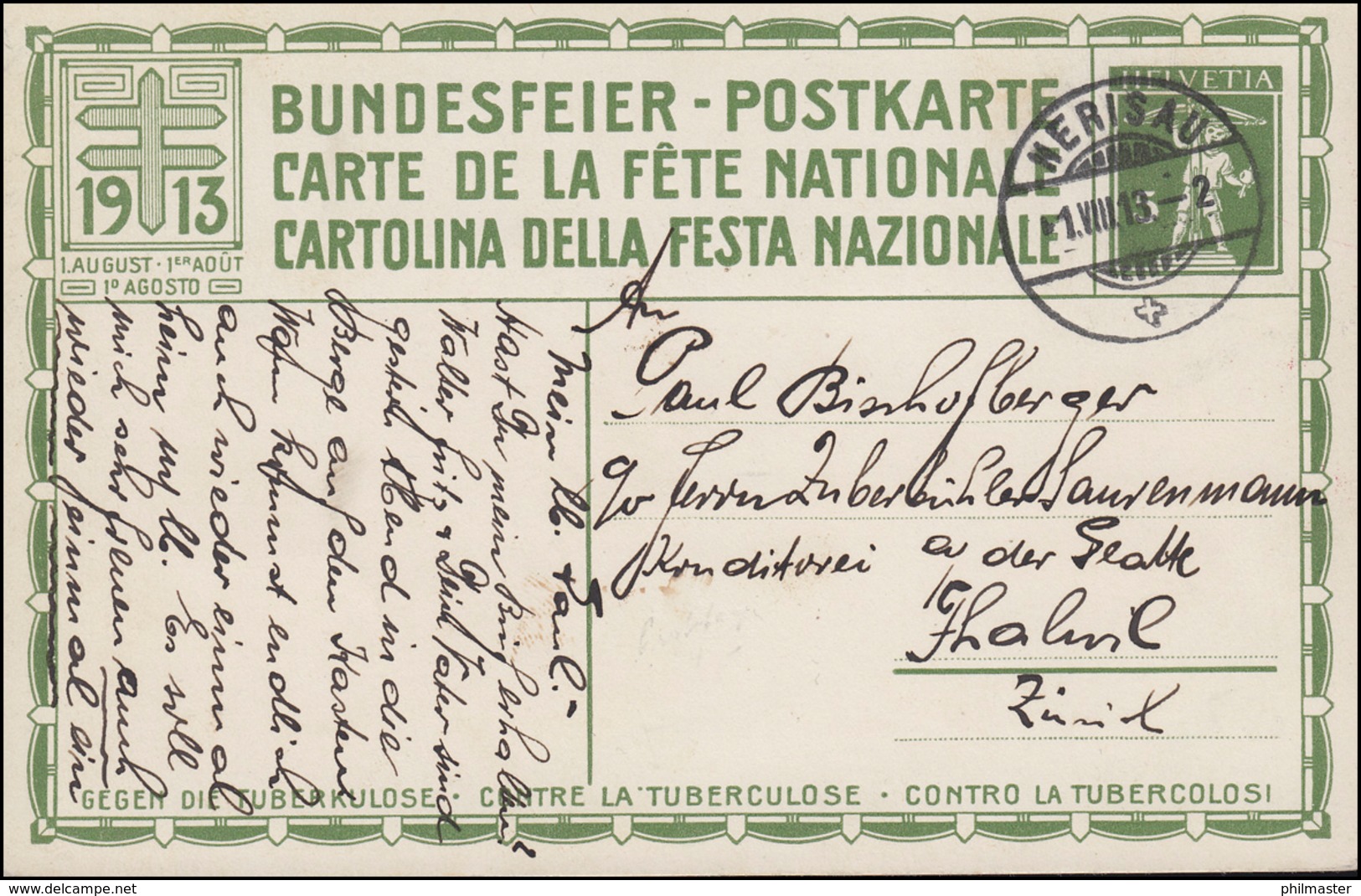 Schweiz Postkarte P 49/01 Bundesfeier Kampf Gegen Tuberkulose, HERISAU 1.8.1913 - Sonstige & Ohne Zuordnung