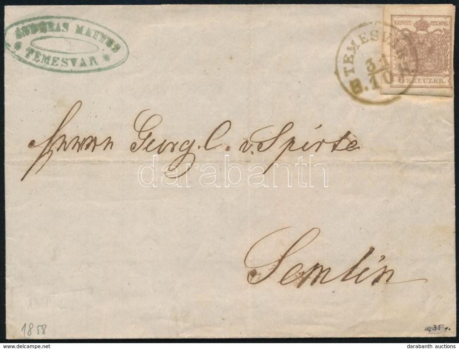 1858 6kr Levélen 'TEMESVÁR B.H.' - 'SEMLIN' - Sonstige & Ohne Zuordnung