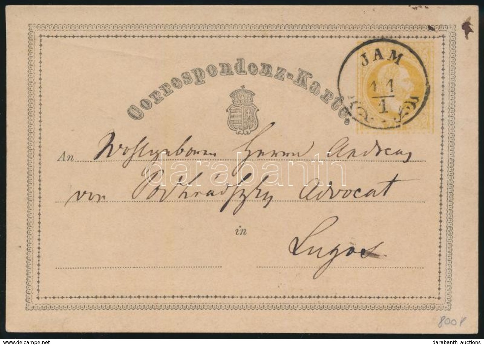 ~1870 Díjjegyes Levelezőlap / PS-card 'JAM' - Lugos - Autres & Non Classés