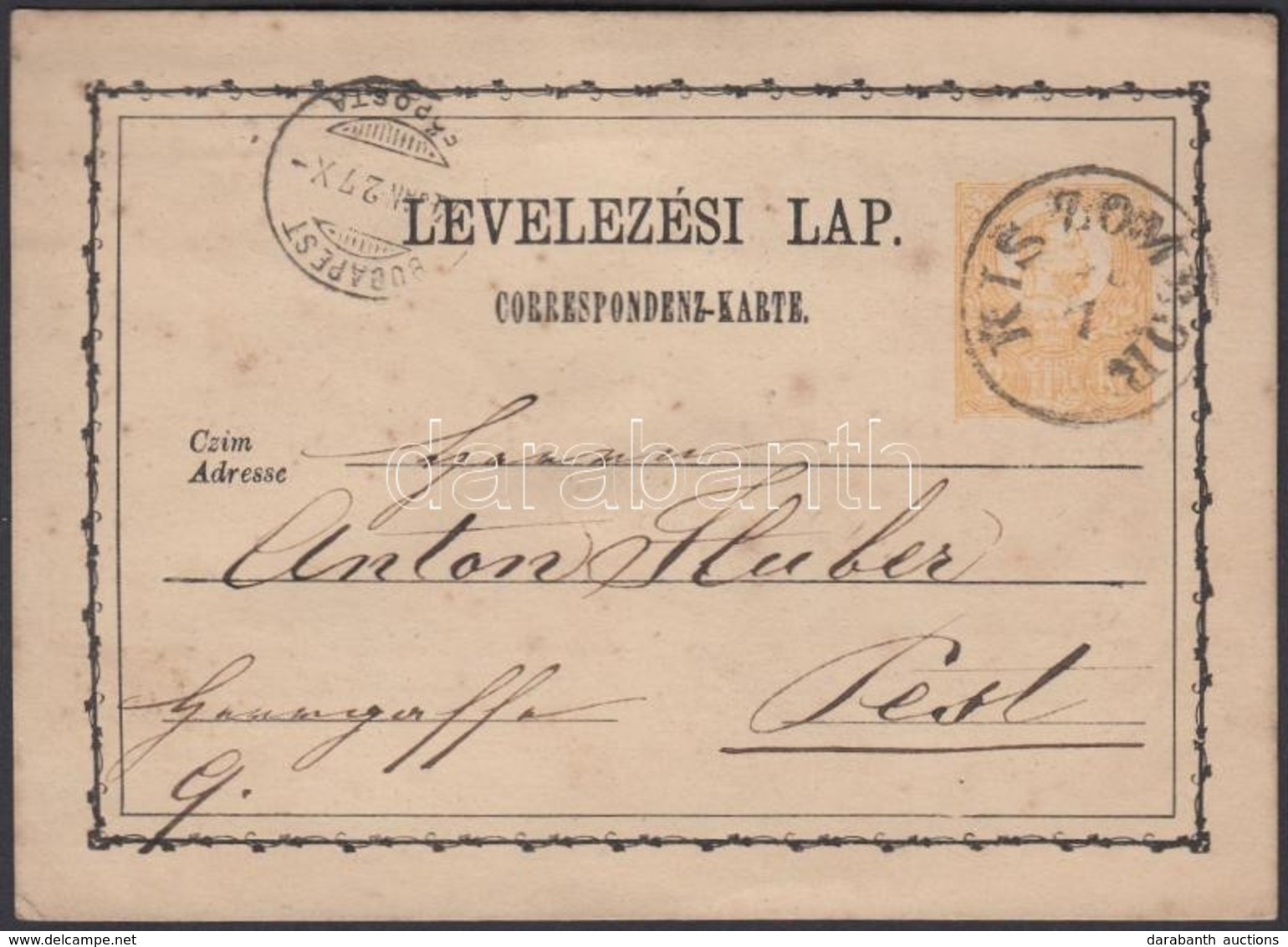 1874 Díjjegyes Levelezőlap / PS-card 'KIS ZOMBOR'-'BUDAPEST' - Autres & Non Classés