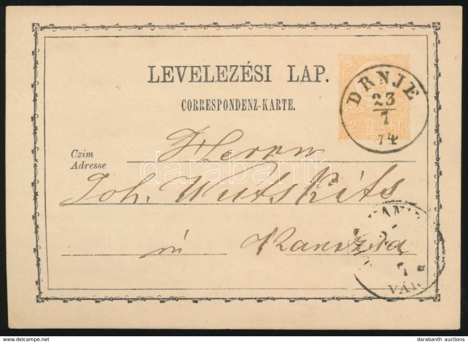 1874 2kr Díjjegyes Levelezőlap 'DRNJE' - Sonstige & Ohne Zuordnung