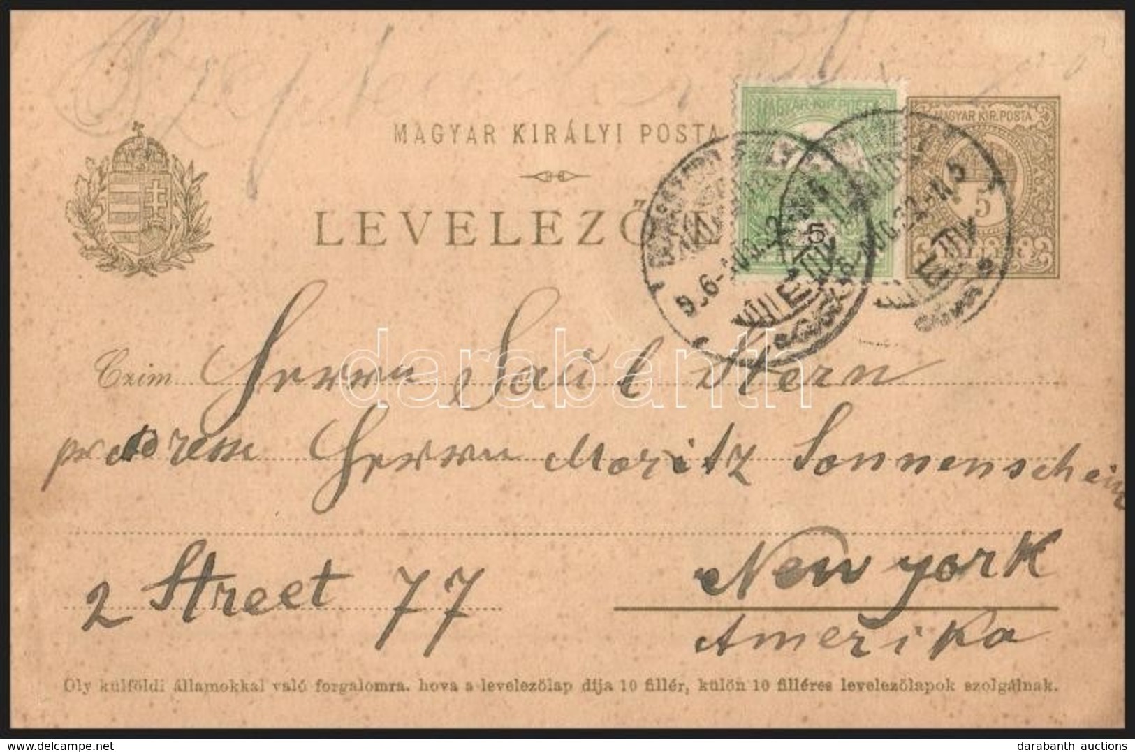 1906 Díjjegyes Levelezőlap 5f Díjkiegészítéssel New Yorkba, Héber írással 'DUNASZERDAHELY' - Other & Unclassified