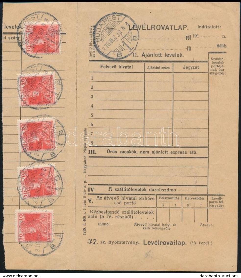 1916 Levélrovatlap Postai Belkezelésben 5 X Károly 10 F Bérmentesítéssel, Ritka! - Other & Unclassified