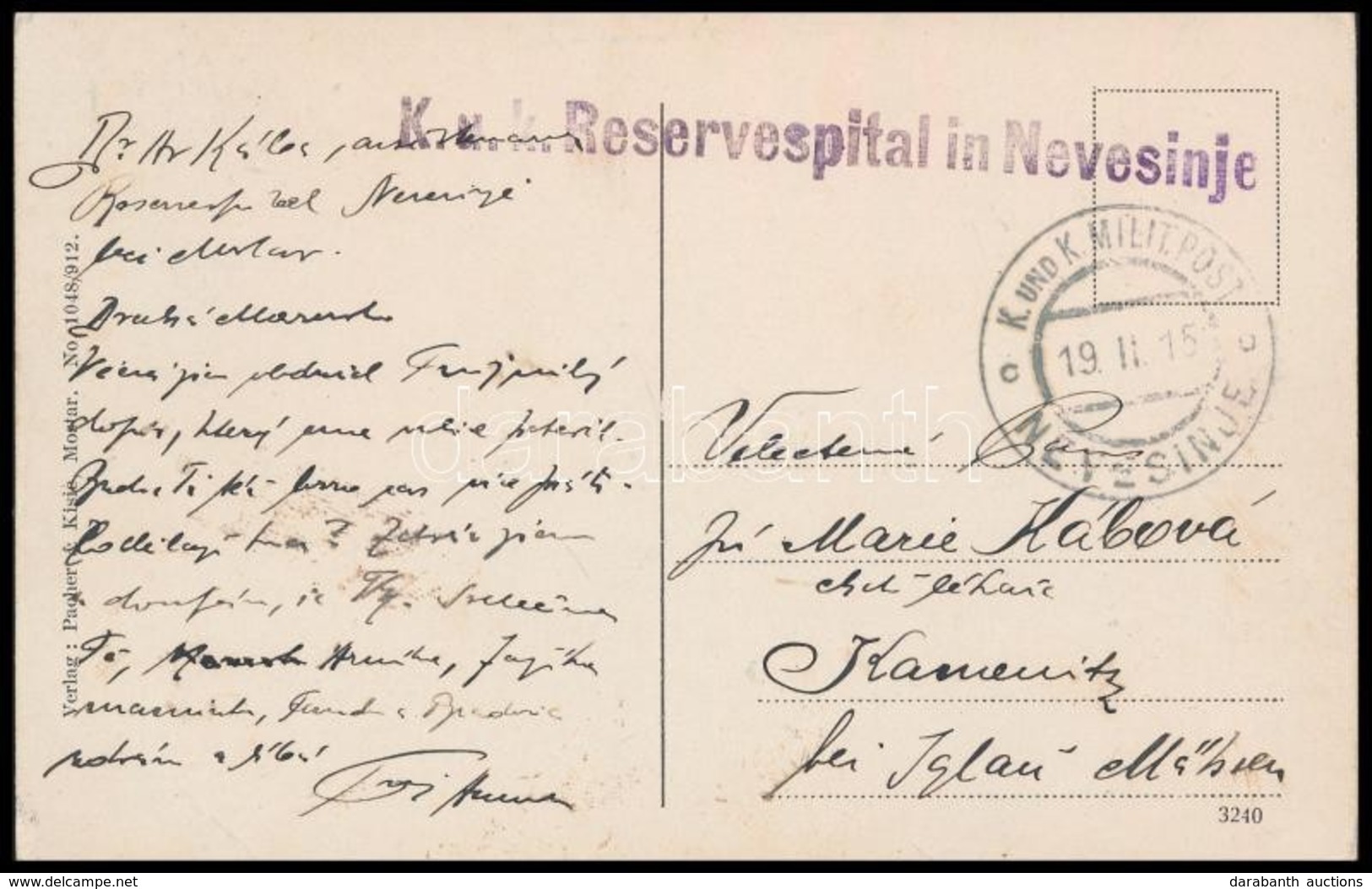 1915 Képeslap Nevesinjei Tartalékkórházból - Other & Unclassified