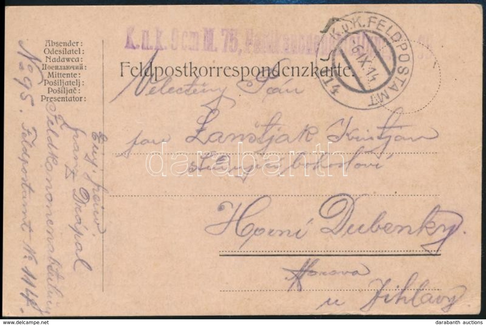 1914 Tábori Posta Levelezőlap / Field Postcard 'K.u.k. 9 Cm M. 75. Feldkanonenabteilung' + 'FP 114' - Other & Unclassified