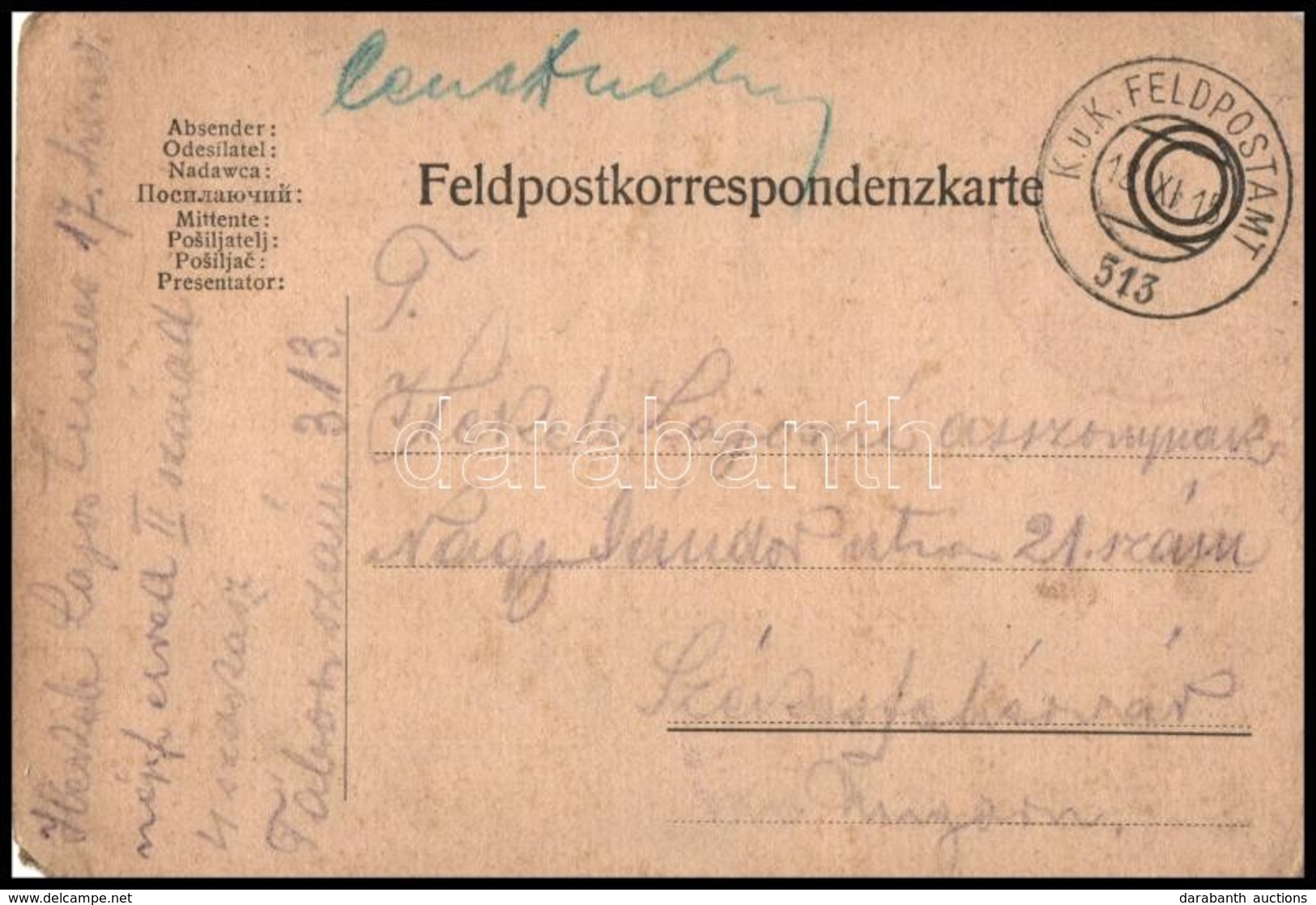 1915 Tábori Posta Levelezőlap 'M.K. SZÉKESFEHÉRVÁRI 17ik NÉPFÖLKELŐ GYALOG EZRED 1.ső ZÁSZLÓALJ PARANCSNOKSÁG' + 'FP 313 - Autres & Non Classés