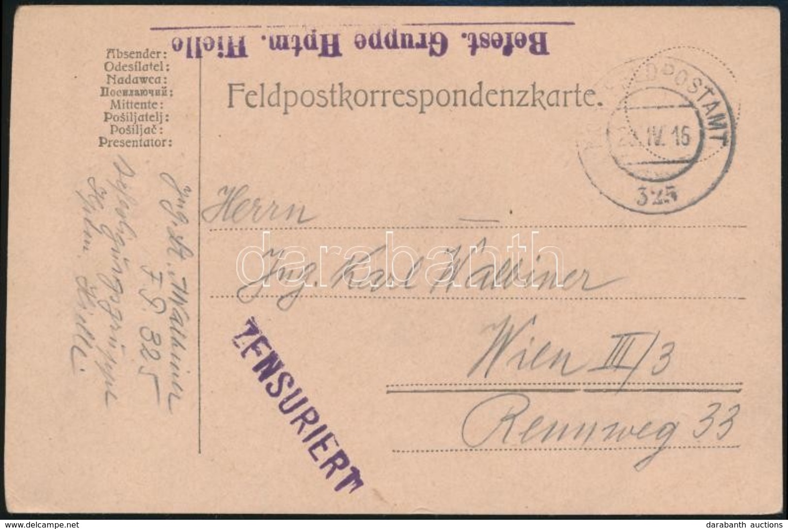 1916 Tábori Posta Levelezőlap / Field Postcard 'Befest. Gruppe Hptm. Hielle' + 'FP 325' - Andere & Zonder Classificatie