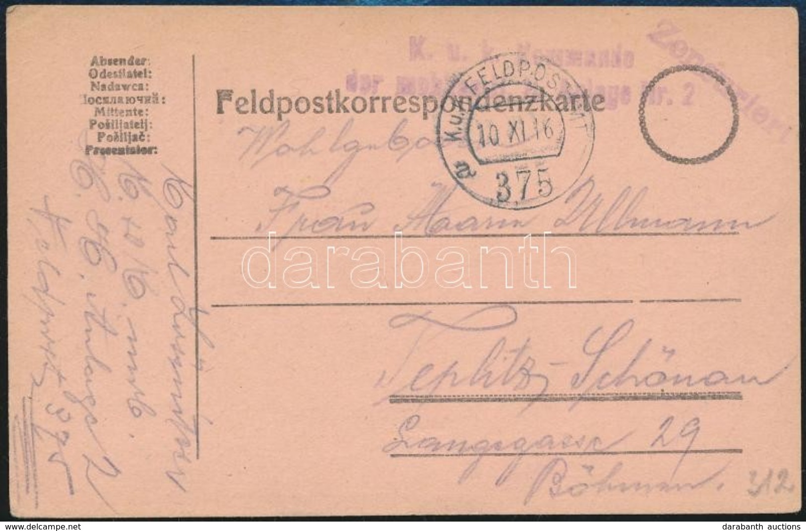 1916 Tábori Posta Levelezőlap 'FP 375 A' - Autres & Non Classés