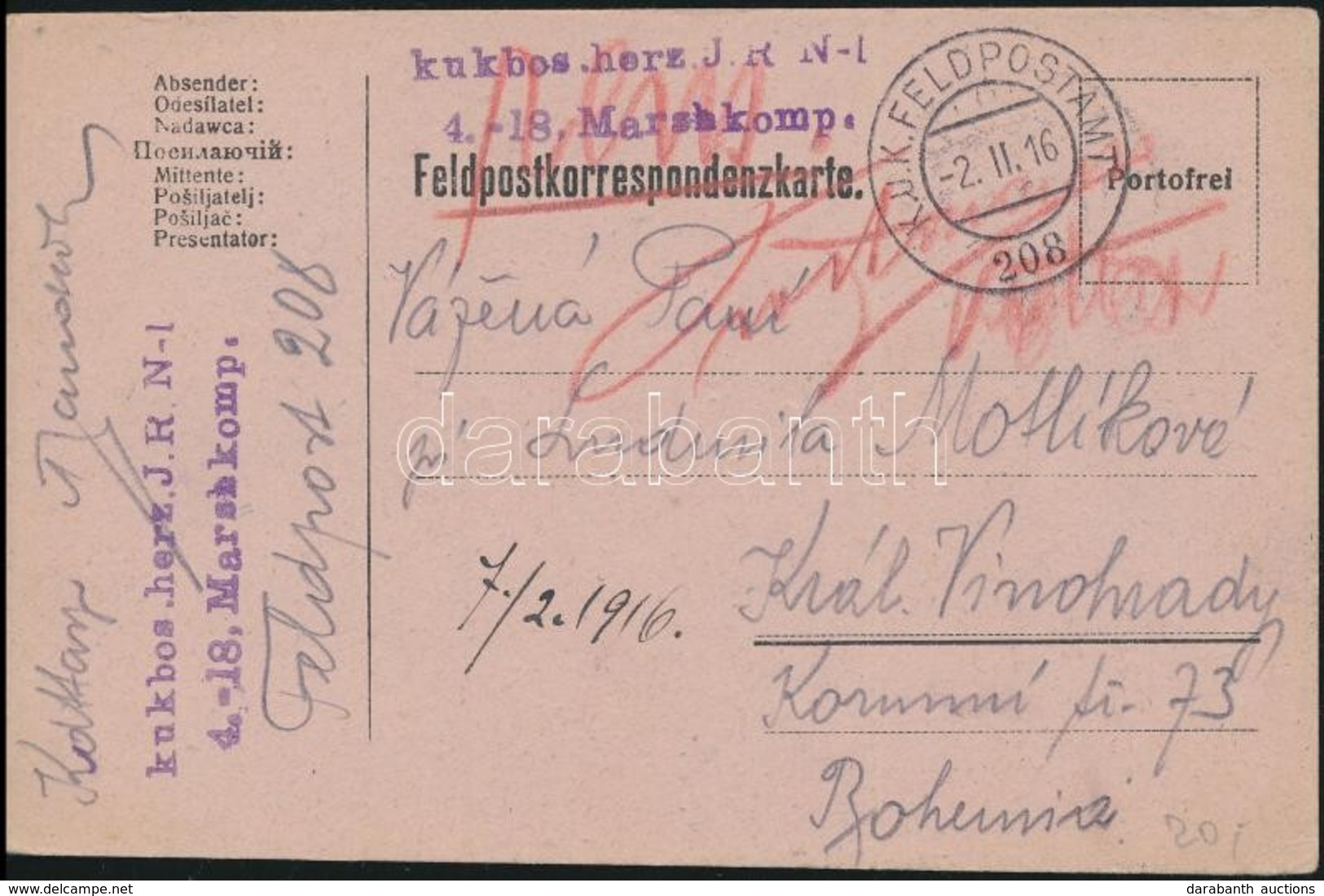 1916 Tábori Posta Levelezőlap / Field Postcard 'K.u.k. Bos. Herz. J.R. N-1 4.-18. Marshkomp.' + 'FP 208' - Autres & Non Classés