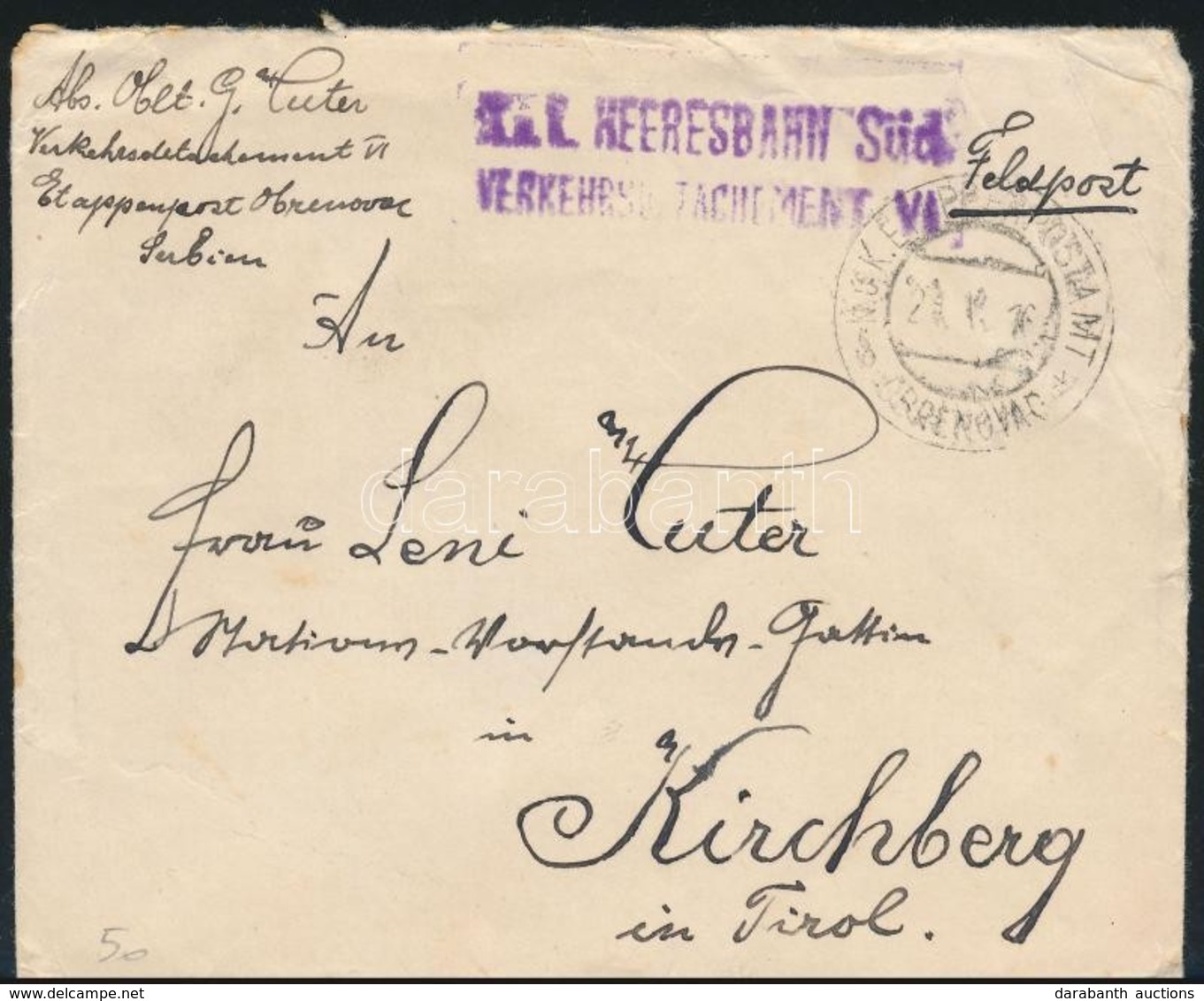 1916 Tábori Posta Levél 'K.u.k. HEERESBAHN Süd VERKEHRSDETACHEMENT VI.' + 'EP OBRENOVAC B' - Autres & Non Classés