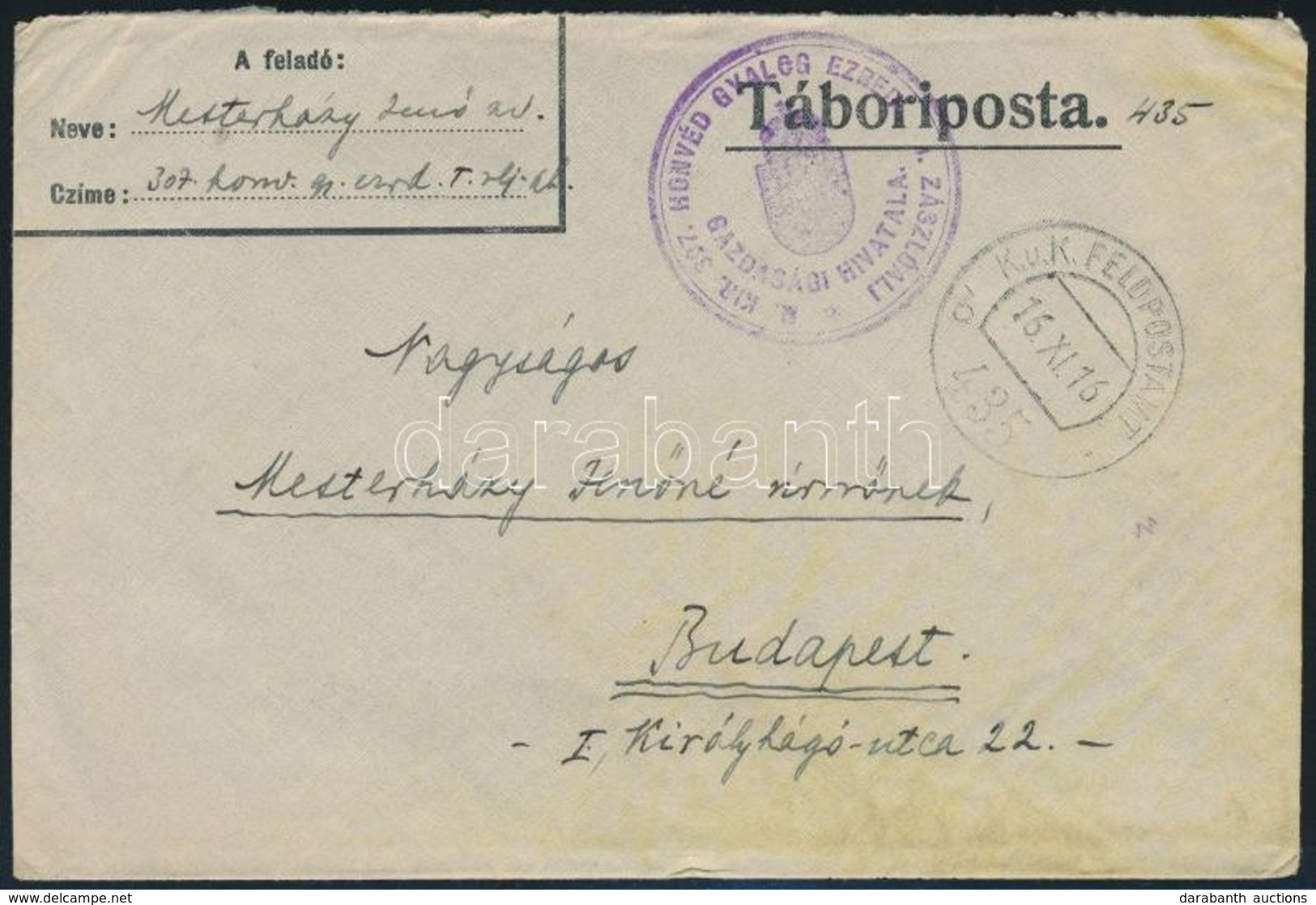 1916 Tábori Posta Boríték  'M.KIR. 307. HONVÉD GYALOG EZRED I. ZÁSZLÓALJ GAZDASÁGI HIVATALA' + 'FP 435 B' - Other & Unclassified