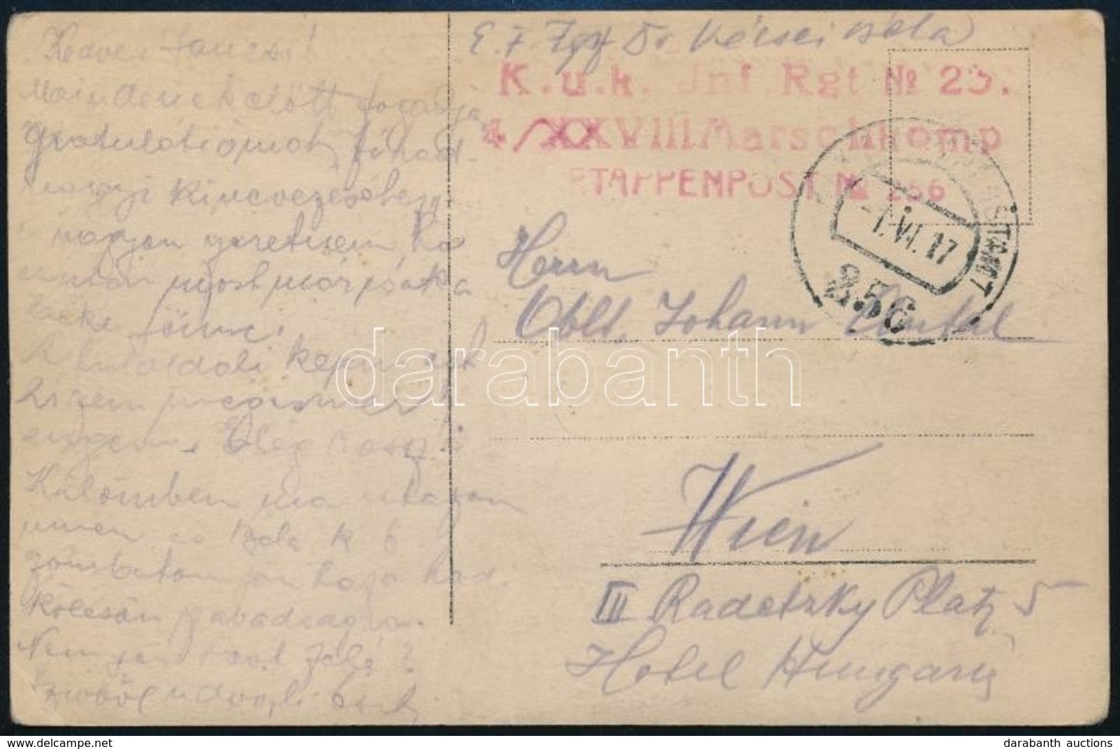 1917 Tábori Posta Képeslap 'K.u.k. Inf. Rgt. No.23 4/XXVIII Marschkomp' + 'EP 256' - Autres & Non Classés