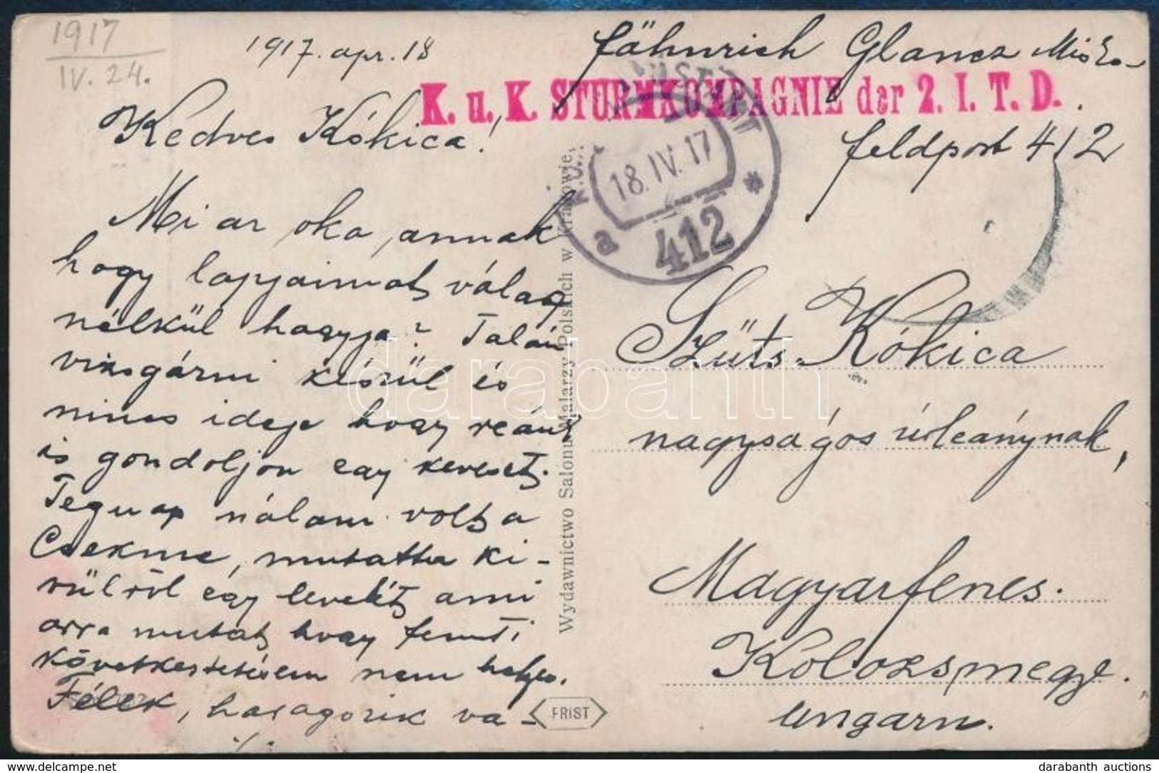 1917 Tábori Posta Képeslap 'K.u.K. STURMKOMPAGNIE Der 2.I.T.D.' + 'FP 412 A' - Autres & Non Classés