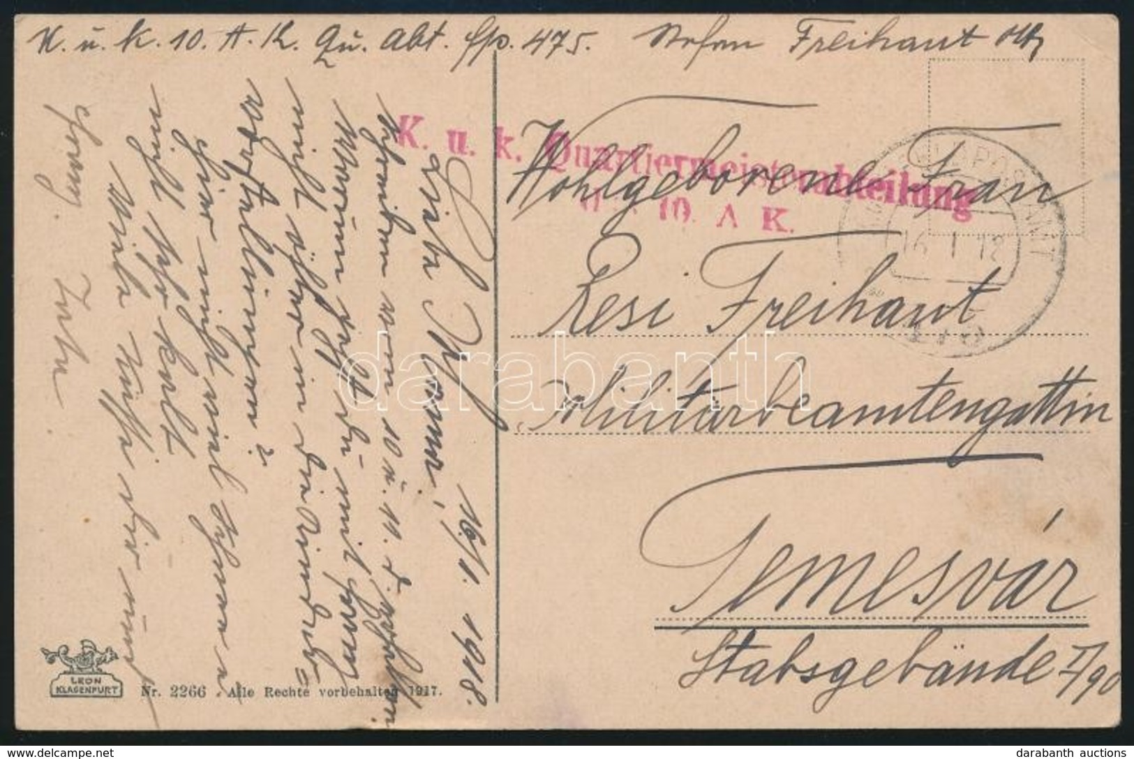 1918 Tábori Posta Képeslap 'K.u.k. Quartiermeisterabteilung Des 10.A.K.' + 'FP 475' - Andere & Zonder Classificatie