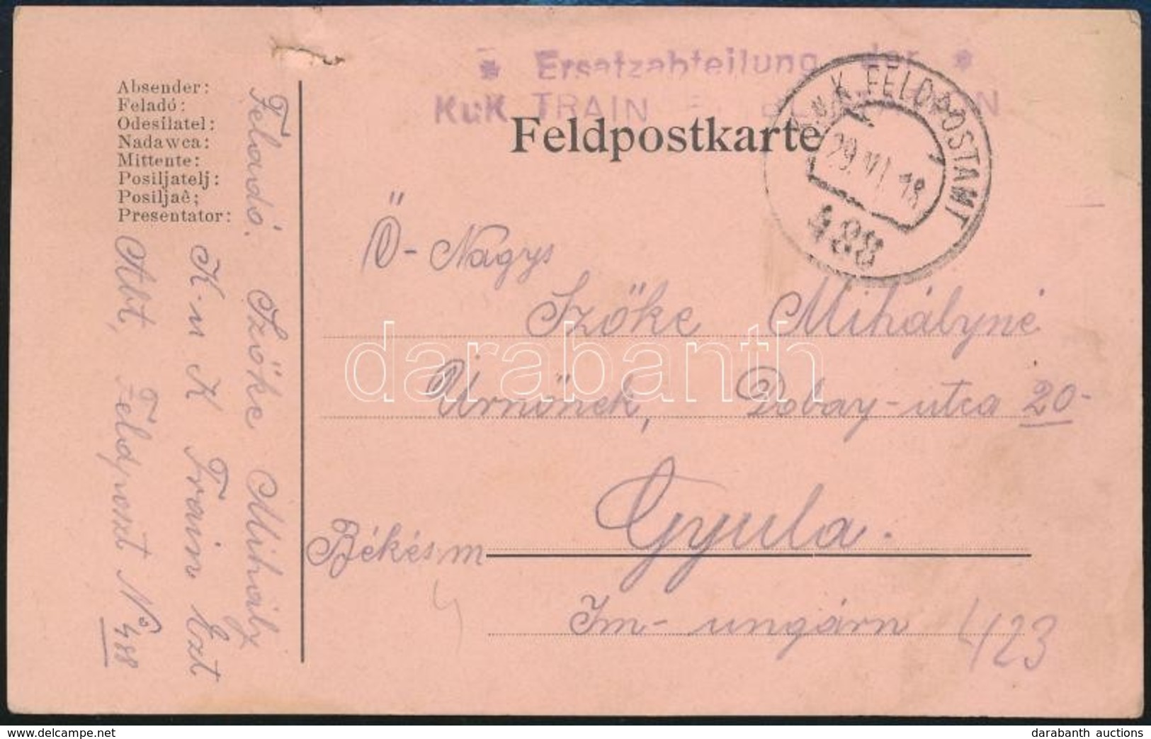 1918 Tábori Posta Levelezőlap 'Ersatzabteilung Der K.u.K. TRAINRETABL. STATION' + 'FP 488' - Andere & Zonder Classificatie