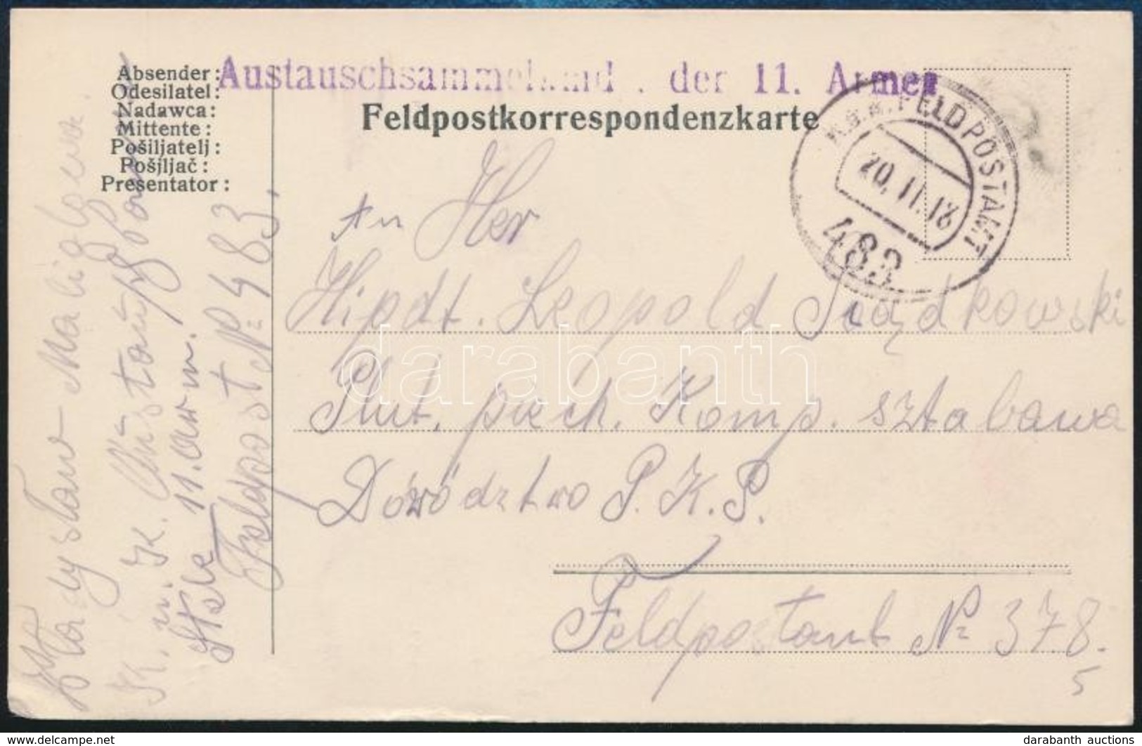 1918 Tábori Posta Levelezőlap 'Austauschsammel.. Der 11. Armee' +'FP 483' - Andere & Zonder Classificatie