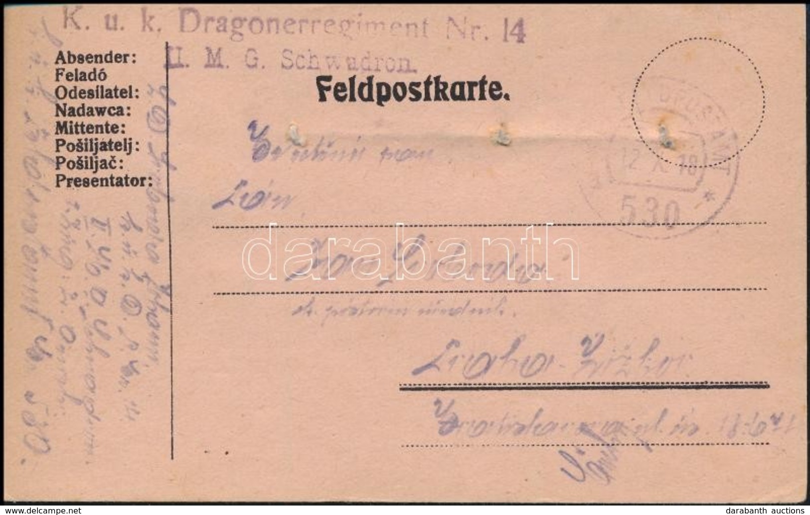 1918 Tábori Posta Levelezőlap / Field Postcard 'K.u.k. Dragonerregiment Nr.14. II.M.G. Schwadron' + 'FP 530 A' - Autres & Non Classés