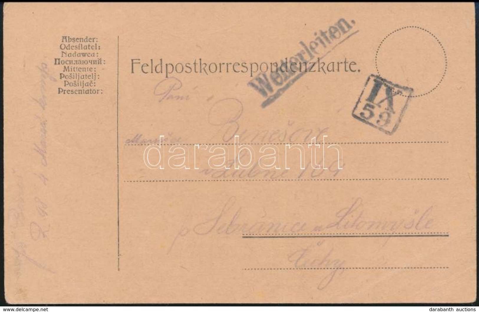 ~1918 Tábori Posta Levelezőlap / Field Postcard 'Weiterleiten' + 'IX 59' - Autres & Non Classés