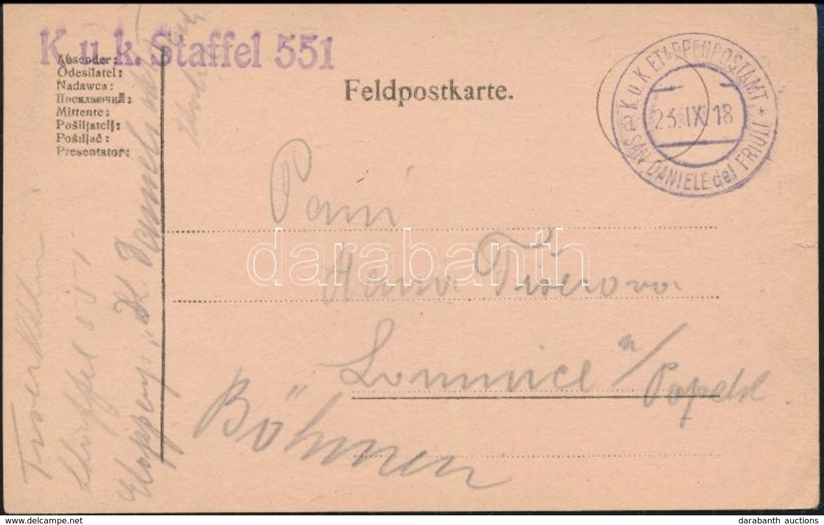 1918 Tábori Posta Levelezőlap / Field Postcard 'K.u.k. Staffel 551' + 'EP SAN DANIELE Del FRIULI A' - Other & Unclassified