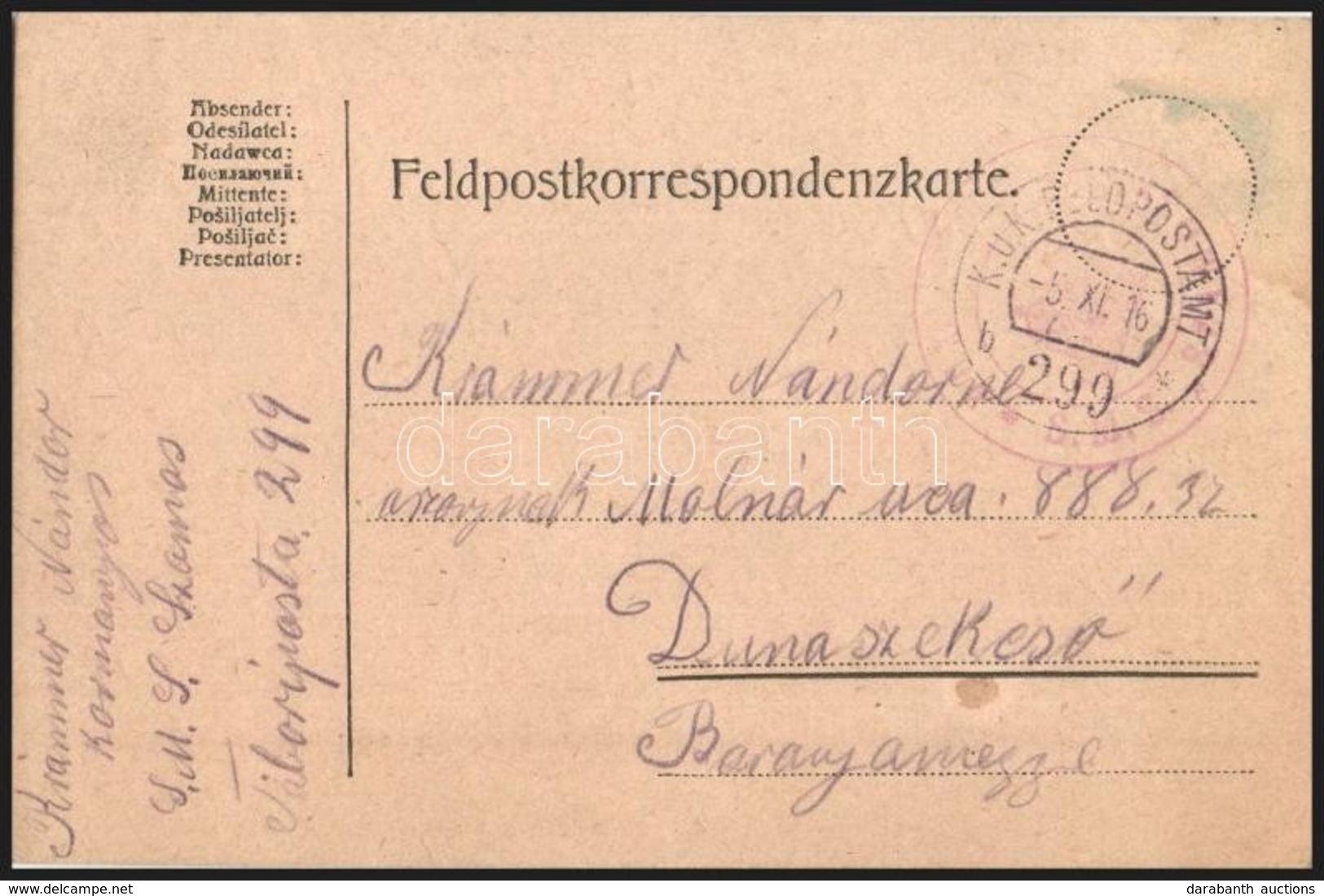 1916 Tábori Posta Levelezőlap, Piros 'S.M.S. SZAMOS' Dunai Flottilla Bélyegzéssel - Other & Unclassified