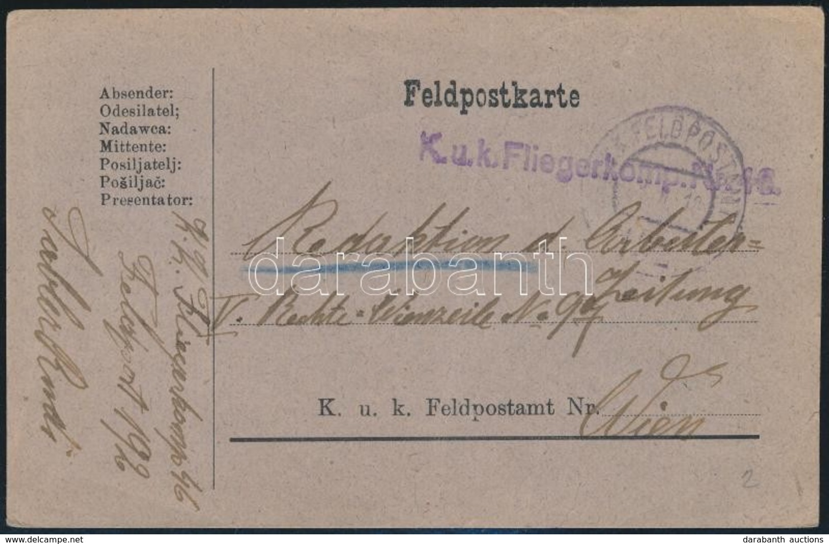 1918 Tábori Posta Levelezőlap / Field Postcard 'K.u.k.  Fliegerkomp. Nr. 46.' - Andere & Zonder Classificatie