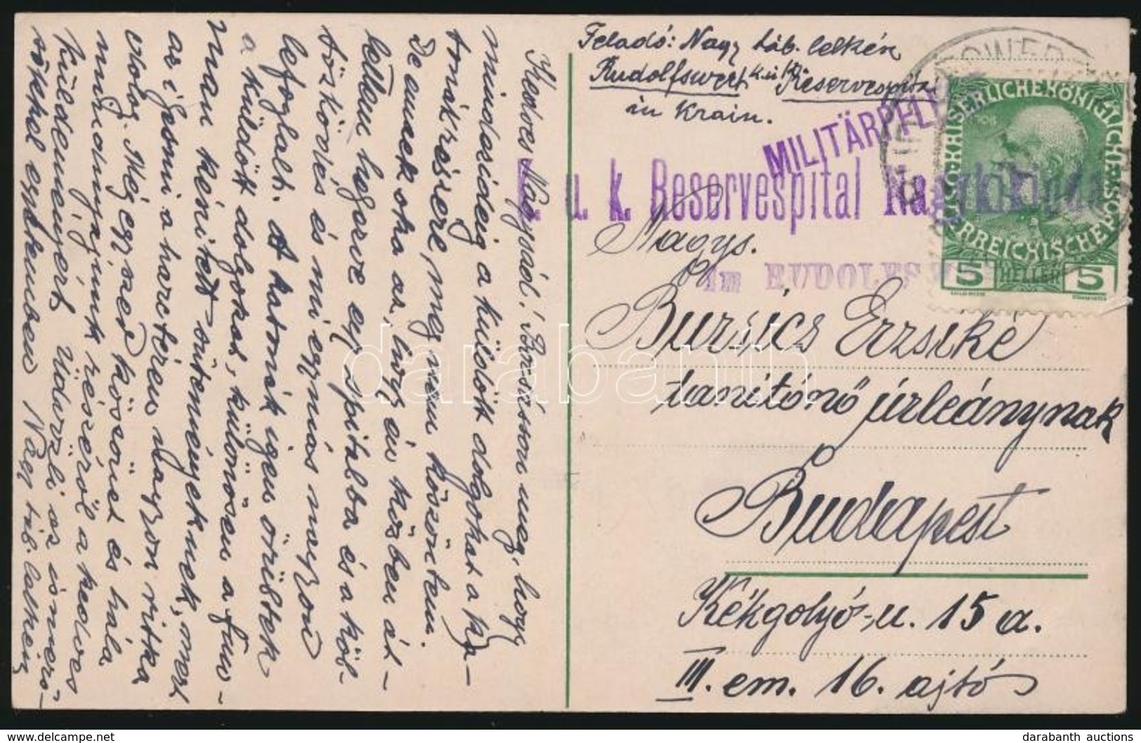~1916 Képeslap 5h Bélyeggel 'K.u.k. Reservespital Nagykikinda' - Andere & Zonder Classificatie
