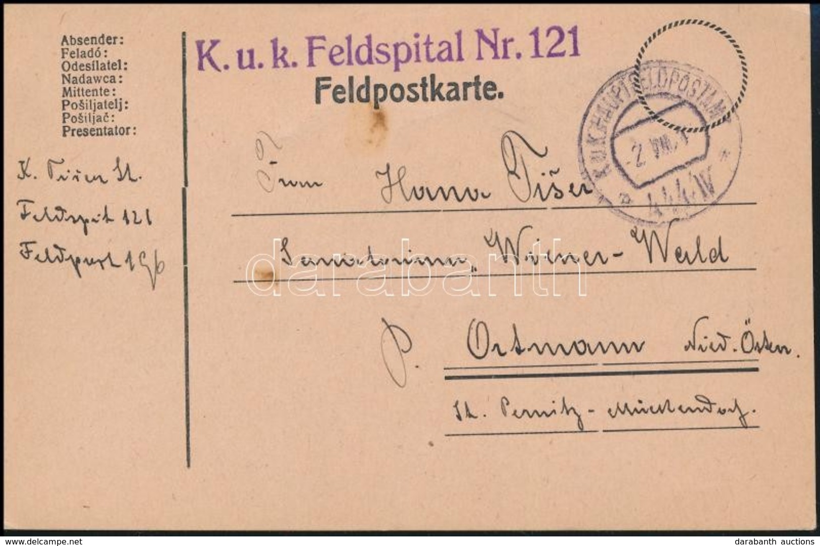 1917 Tábori Posta Levelezőlap / Field Postcard 'K.u.k. Feldspital Nr.121' + 'HP 444/IV A' - Andere & Zonder Classificatie