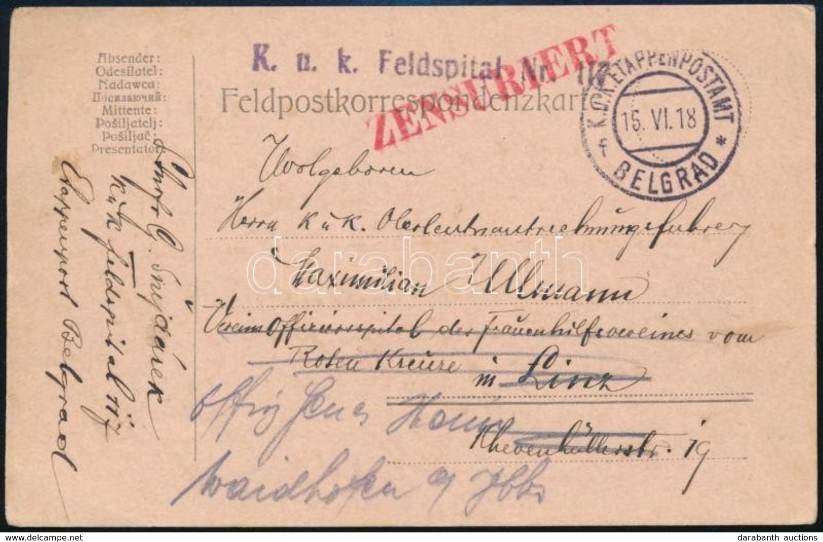 1918 Tábori Posta Levelezőlap 'K.u.k. Feldspital Nr. 117' + 'EP BELGRAD F' - Other & Unclassified