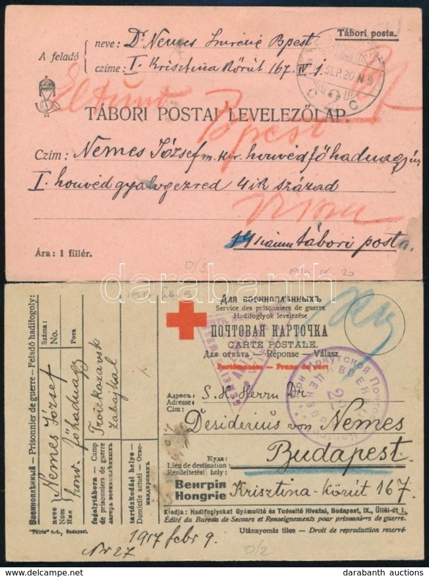 1914 Tábori Posta Levelezőlap Nemes József Főhadnagynak, Eltűnt Jelzéssel Visszaküldve + 1917 Nemes József Hadifogoly Le - Other & Unclassified