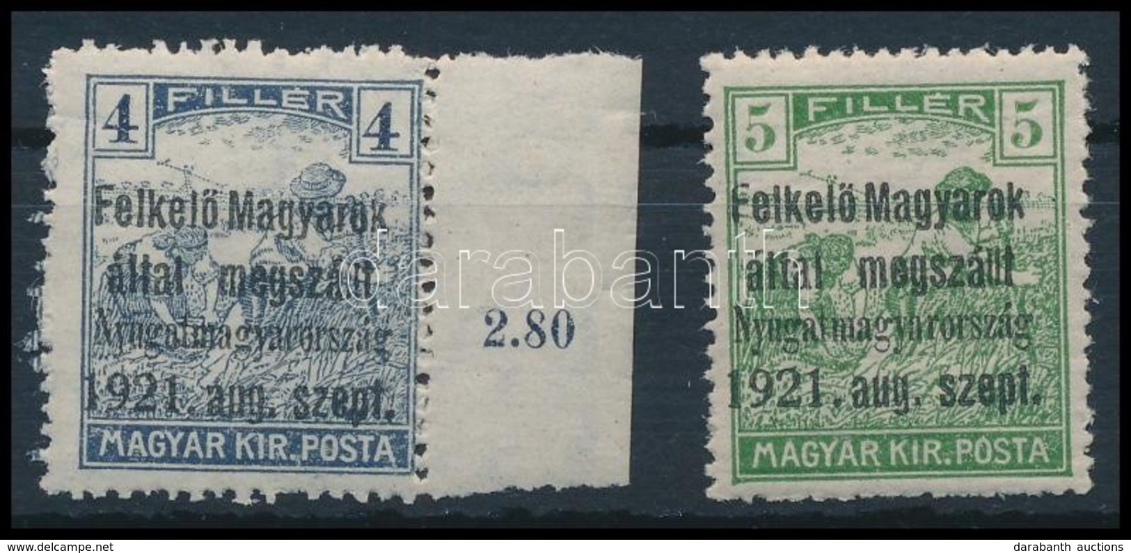 ** Nyugat-Magyarország I. 1921 Arató 4f ívszéli, 5f Próbanyomatok Bodor Vizsgálójellel - Autres & Non Classés