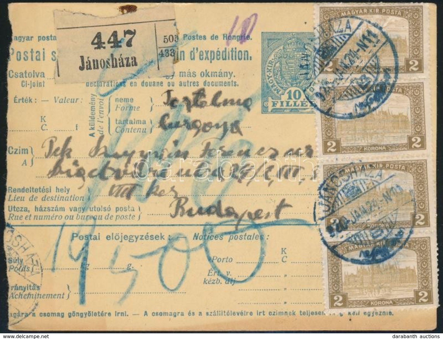 1920 Csomagszállító 12K Bérmentesítéssel, Kék 'JÁNOSHÁZA' Bélyegzéssel Budapestre - Autres & Non Classés