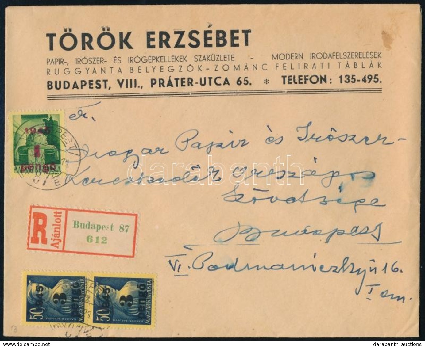 1945 (2. Díjszabás) Ajánlott Helyi Levél Kisegítő 1P/1P + 2 X 3P/50f Bérmentesítéssel - Other & Unclassified