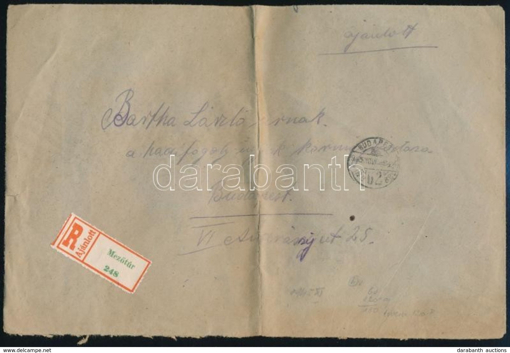 1945 (4. Díjszabás) Ajánlott Távolsági Levél Kisegítő 6 X 20P/30f Bérmentesítéssel, 60P-vel Alul Bérmentesítve - Autres & Non Classés