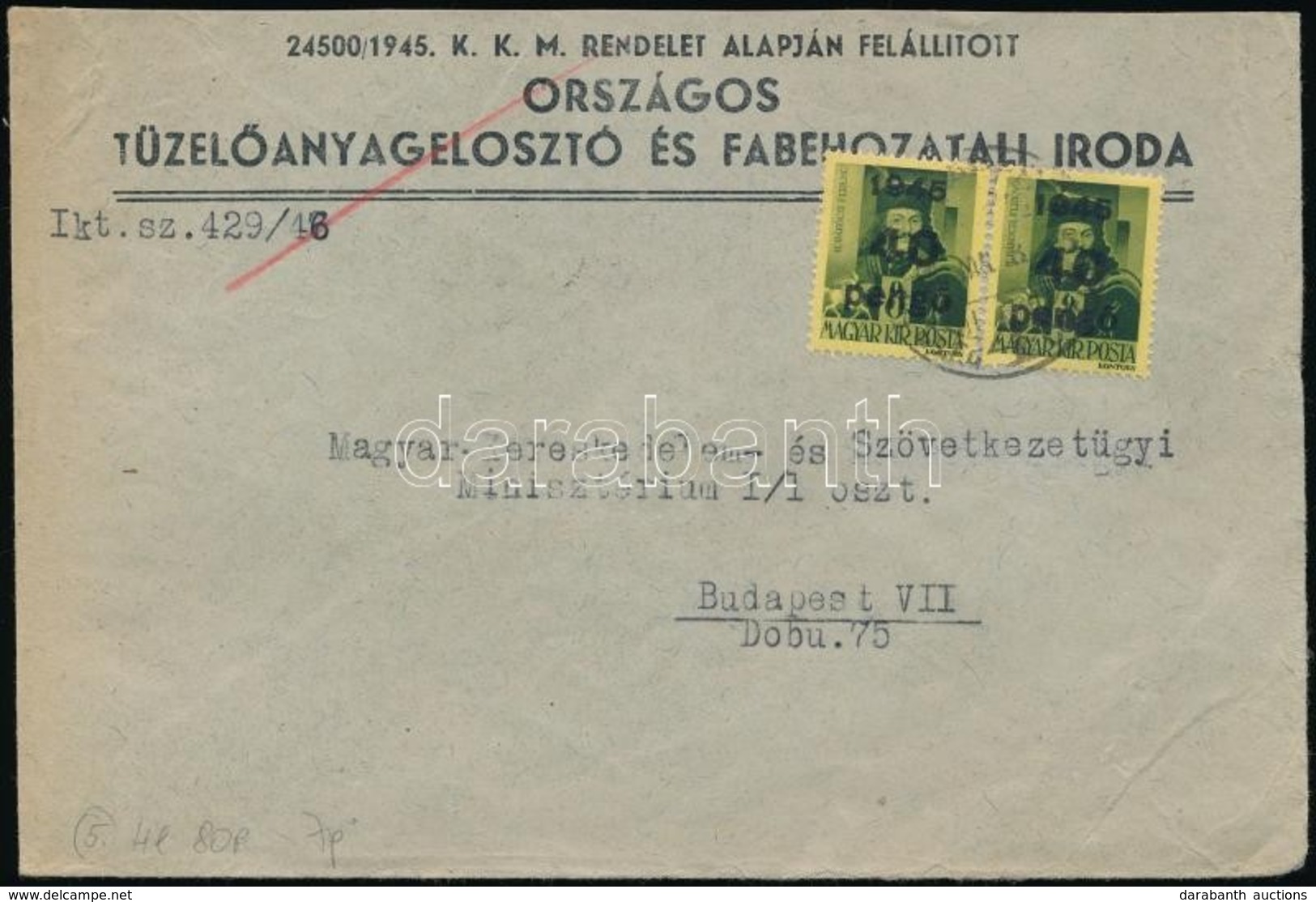 1946 (5. Díjszabás) Helyi Levél Kisegítő 2 X 40P/8f Bérmentesítéssel - Other & Unclassified