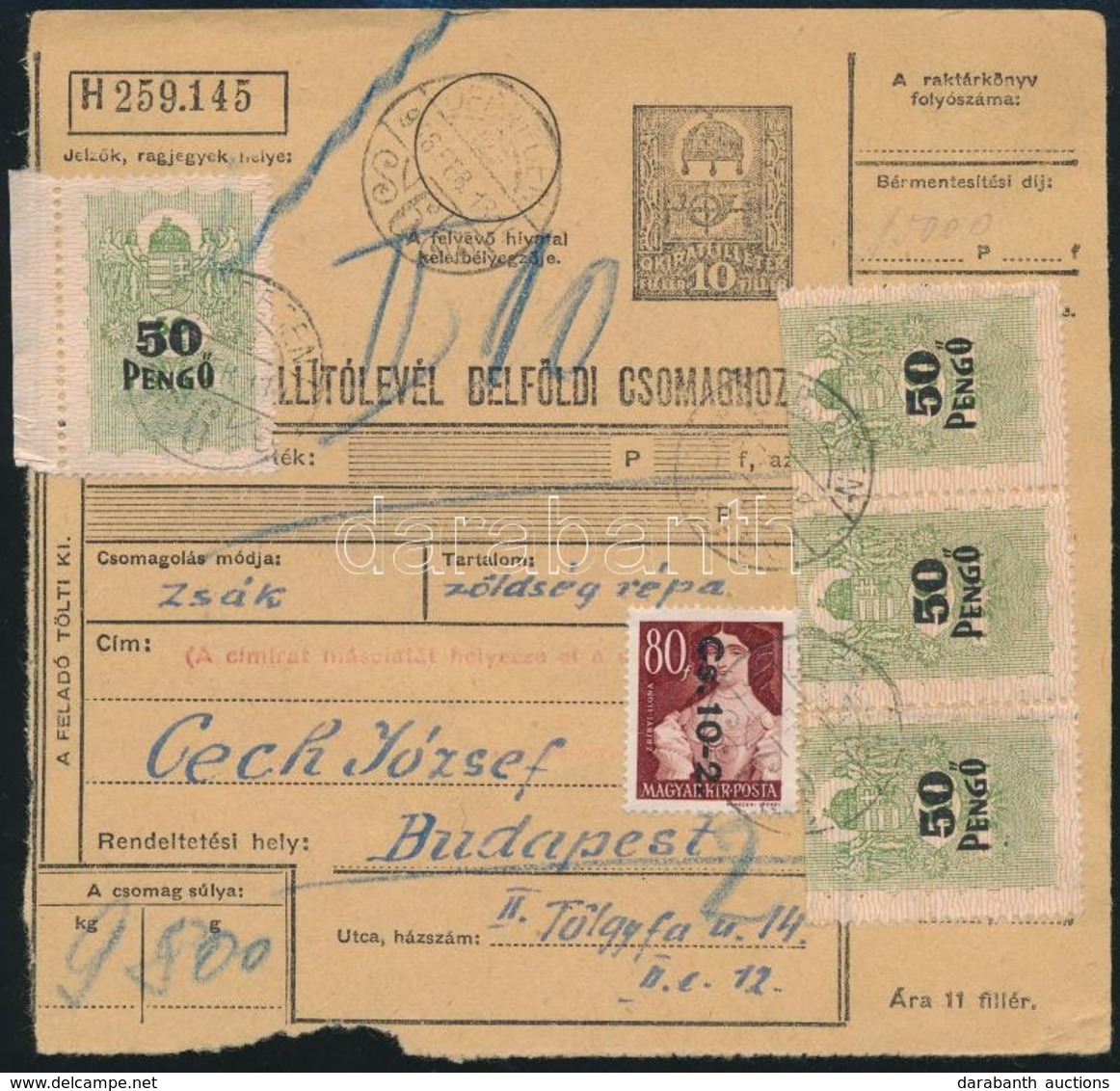 1946 Csomagszállító Cs.10-2. Bérmentesítéssel és 5 Illetékbélyeggel - Autres & Non Classés