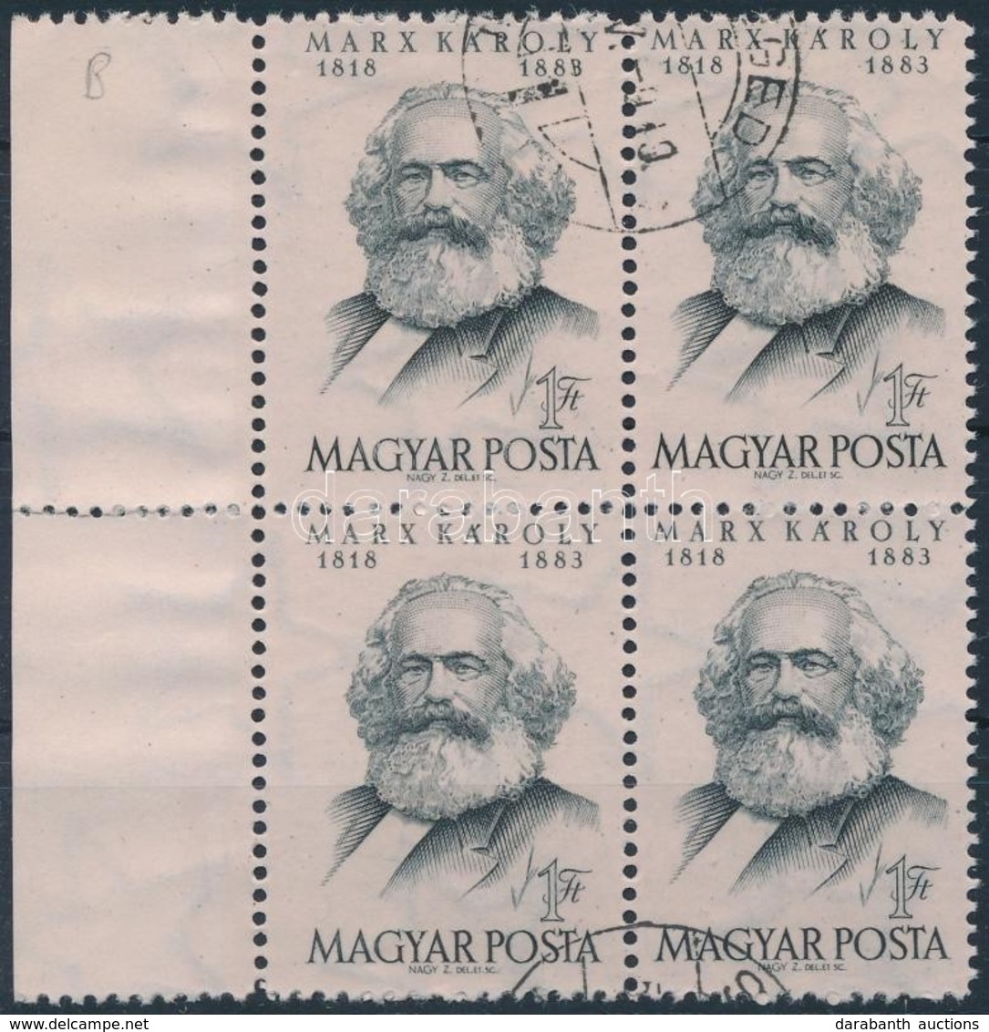 O 1953 Marx ívszéli 4-es Tömb B Fogazással, Benne 2 Bélyeg Jelentősen Szélesebbre Fogazva - Autres & Non Classés