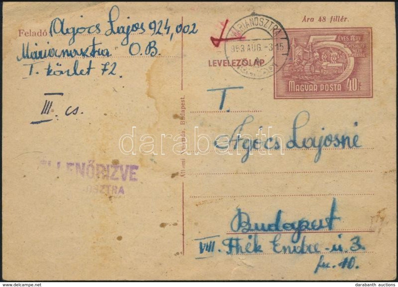 1953 40f Díjjegyes Levelezőlap Börtönből 'MÁRIANOSZTRA' - Sonstige & Ohne Zuordnung