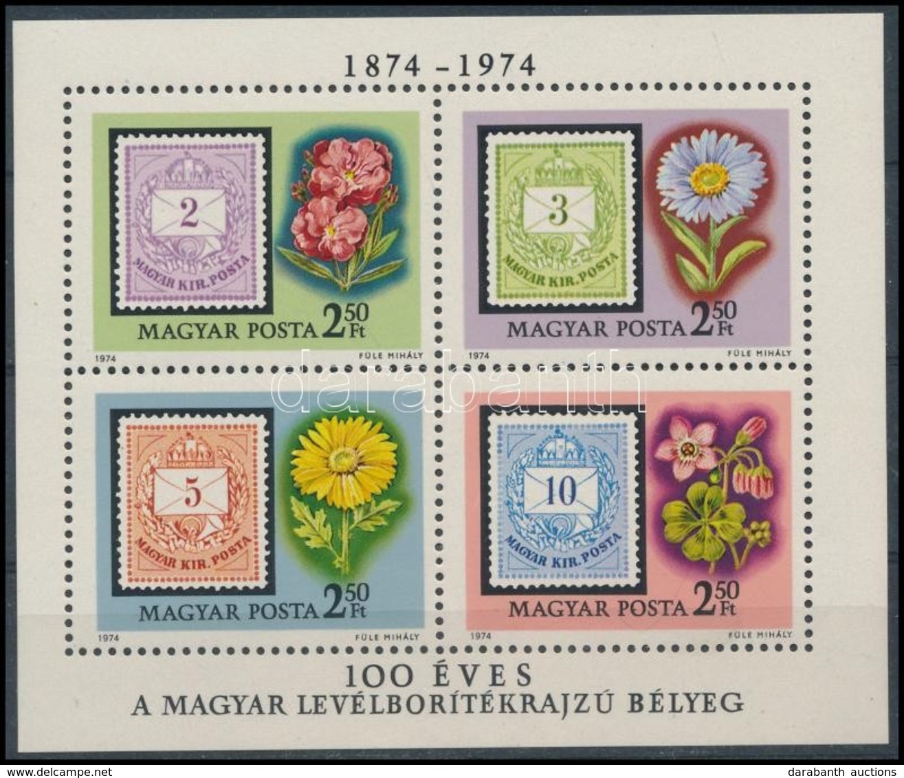 ** 1974 100 éves A Levélboríték Rajzú Bélyeg Blokk Az Ismert Lemezhibával  A 4. Bélyeg POSTA Feliratában - Other & Unclassified