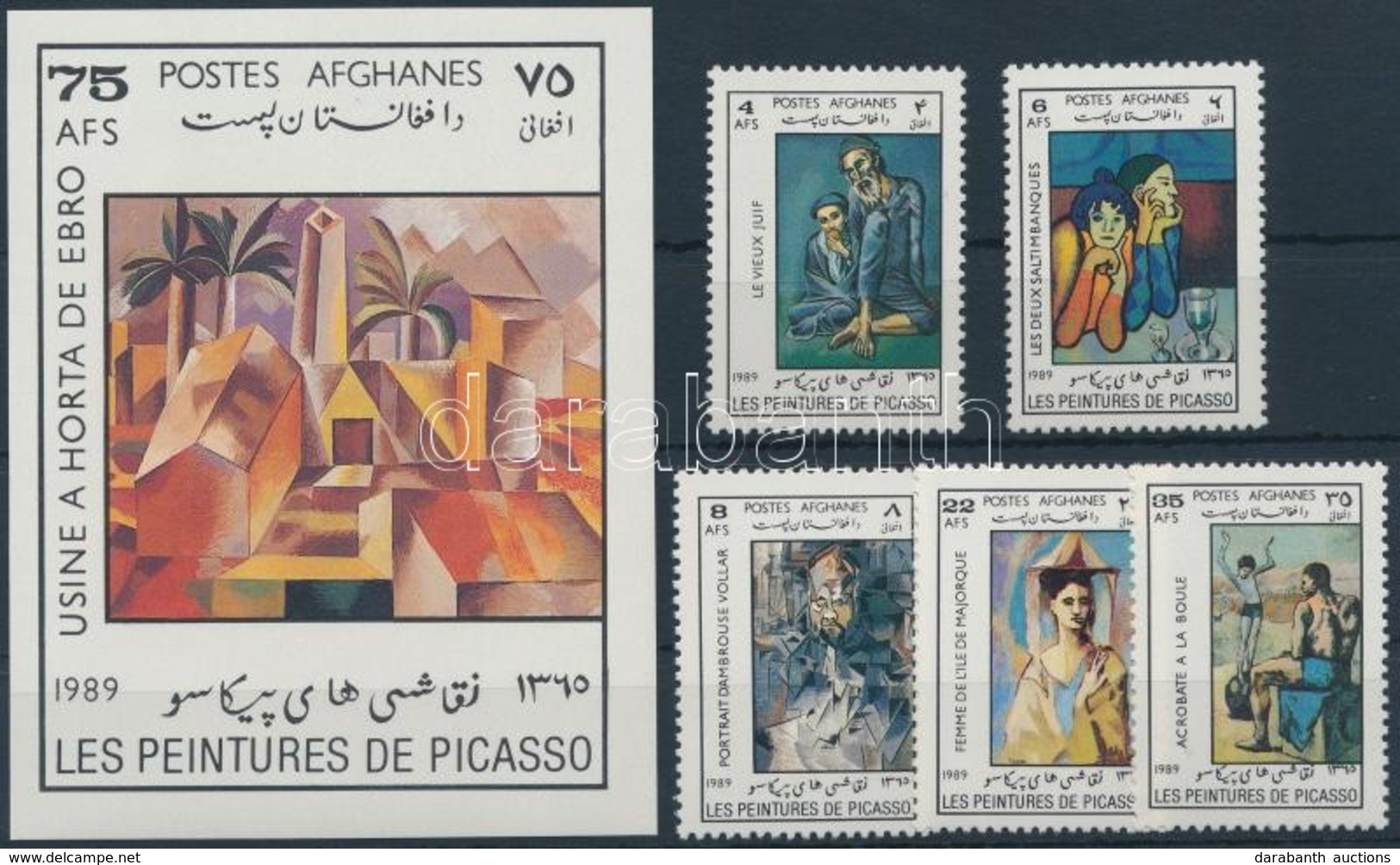 ** 1989 Picasso, Festmény Sor + Blokk,
Picasso, Painting Set + Block
Mi 1633-1637 + Mi 85 - Autres & Non Classés