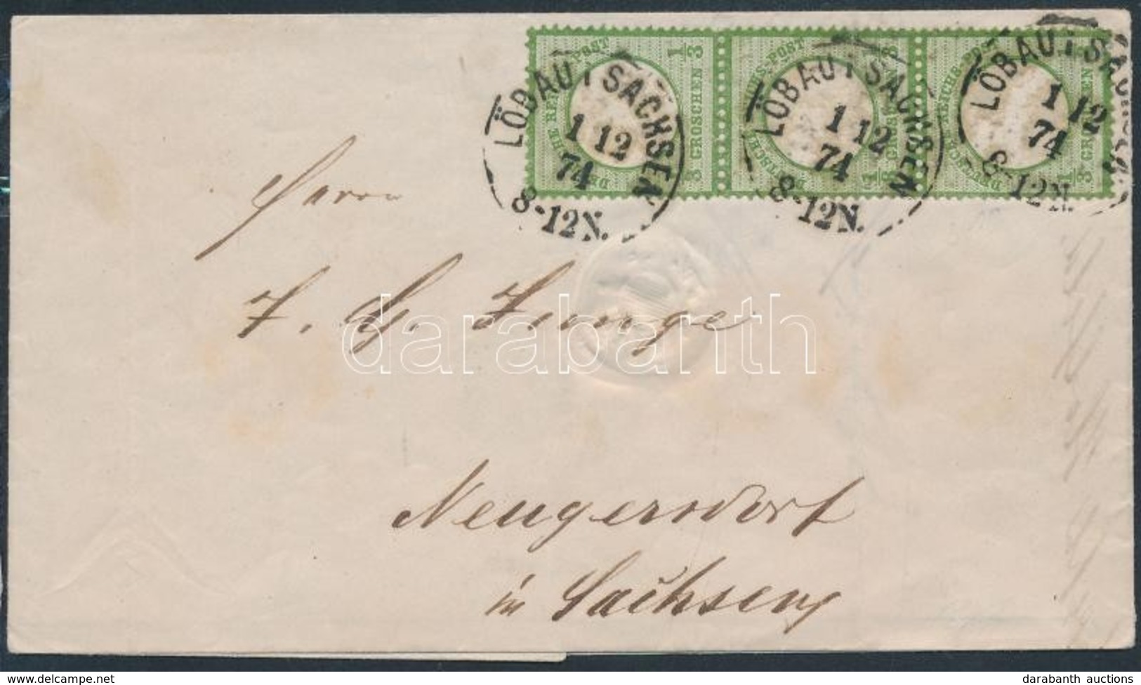 1874 Mi 17b Hármascsík / Stripe Of 3 Levélen / On Cover 'LÖBAU I. SACHSEN' - Autres & Non Classés